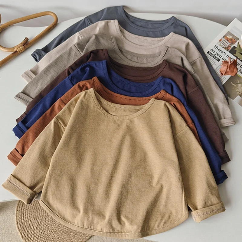 Frühling Lässige Kinder-Bluse Einfarbiges Langarm-T-Shirt für Mädchen Jungen O-Ausschnitt Kinderkleidung Bonbonfarben Basic Tops