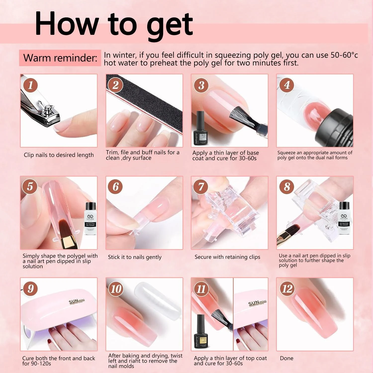 Kit de extensión de uñas de gel de polímero de 24 piezas: 8 colores vibrantes, gel de fibra dura LED/UV de construcción rápida, incluye lámpara de uñas, base y abrigos superiores