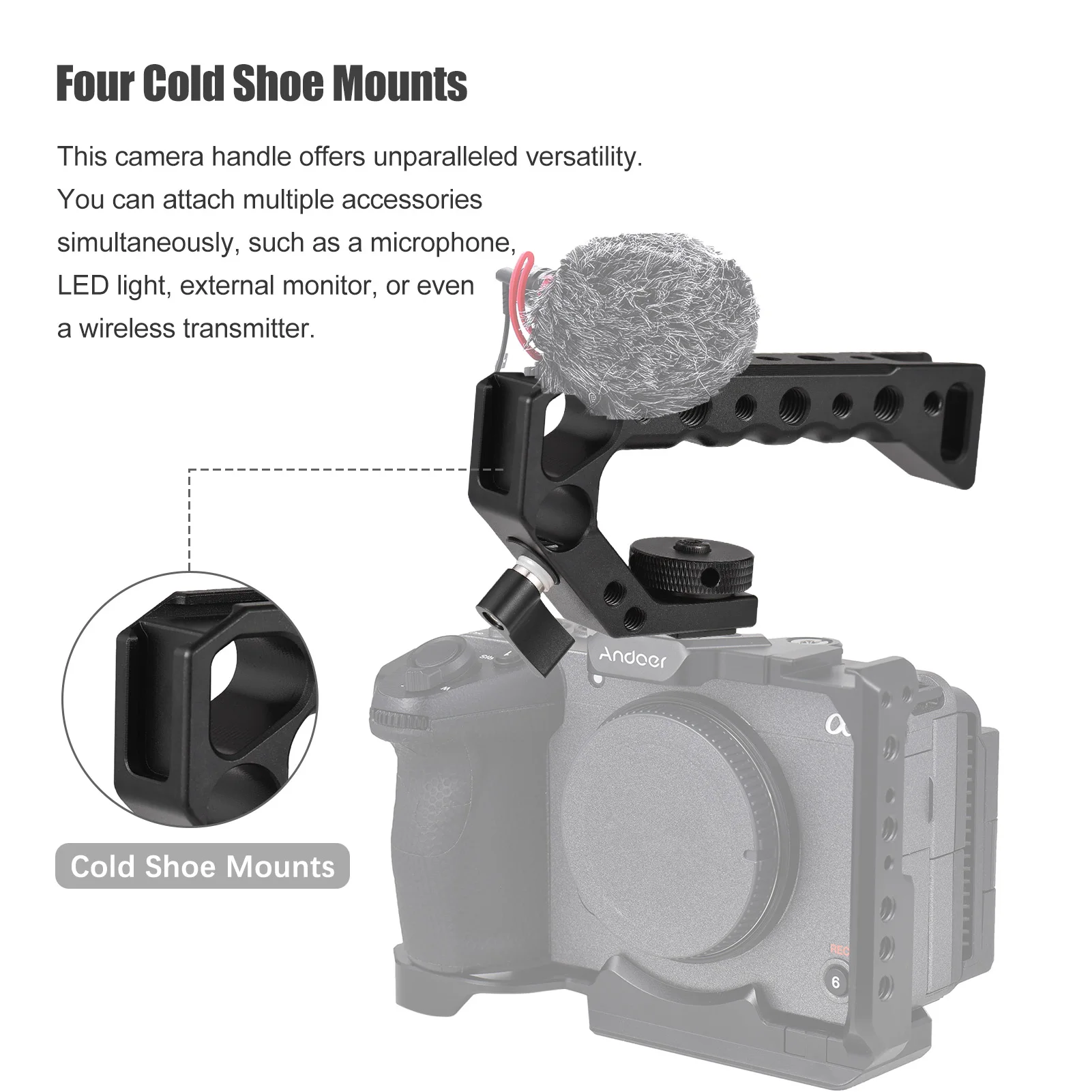 Top Handel Camera Top Handgrip with 4 Cold Shoe Mounts  Positiong Hole 1/4in And 3/8in Threaded Holes Compatible with Camera