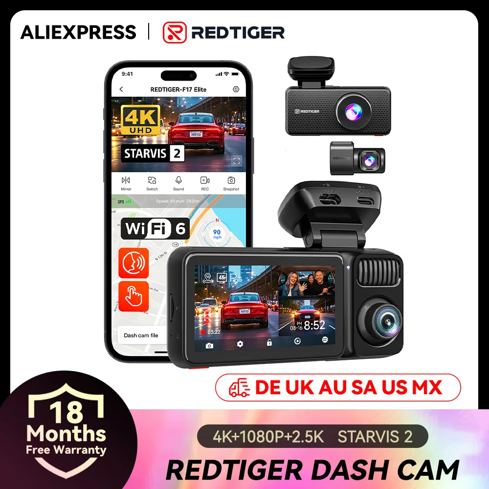 REDTIGER F17 Elite 4K Dash Camera 3 Channel Dash Cam 5.8Ghz Wifi GPS Full Night Color Touch Screen Voice Control Car Cameras HDR