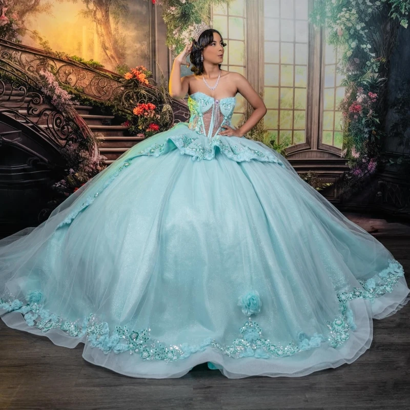 

Aqua Blue Shiny Ball Gown Quinceanera Dresses 2026 Applique Flower Beading Crystal Corset Tull Off Shoulder Sweet 16 Dress Vesti