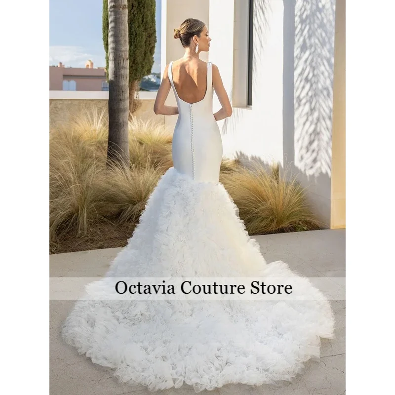 Modern Mermaid Wedding Dress Customized Sleeveless Square Neck Open Back Ruffles Tulle Woman Bridal Gown for Woman Bride