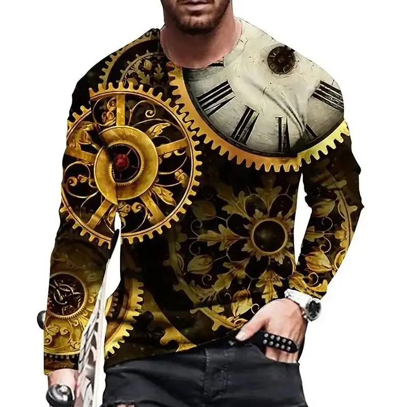 

Men's Spring And Autumn Vintage Classic Clock O Collar Long Sleeve 3d Printed Casual T-Shirt Fashion Trend Plus Size Clothing