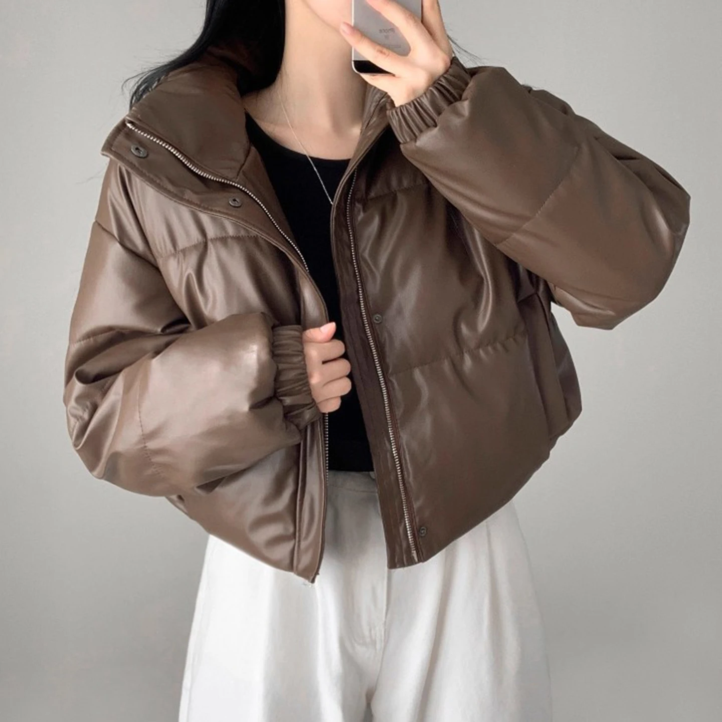 

Retro High-End PU Leather Bread Jacket Women's Winter New Style Stand Collar Short Cotton Jacket Korean Loose Fit Long Sleeve