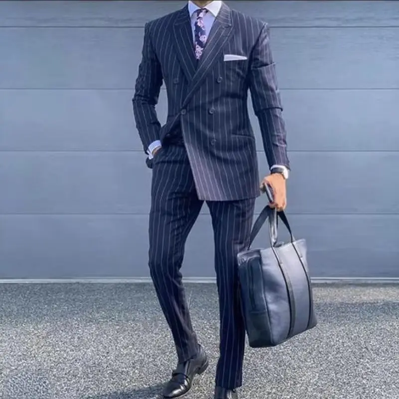 Latest Navy Blue Pinstripe Male Suit Double Breasted Tuxedo for Men Slim Fit 2-Piece Formal Business Men Clothing Costume Homme