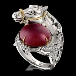 Creative Domineering Horse Embrace Red Crystal Finger Ring Micro Paved Dazzling AAA CZ Rhinestone for Men Party Jewelry