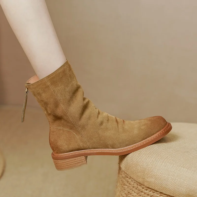 Women Ankle Boots Vintage Style Ladies Shoes Cowsuede Winter Boots Back Zippers Spring Autumn Shoes Real Leather Pleated Botas