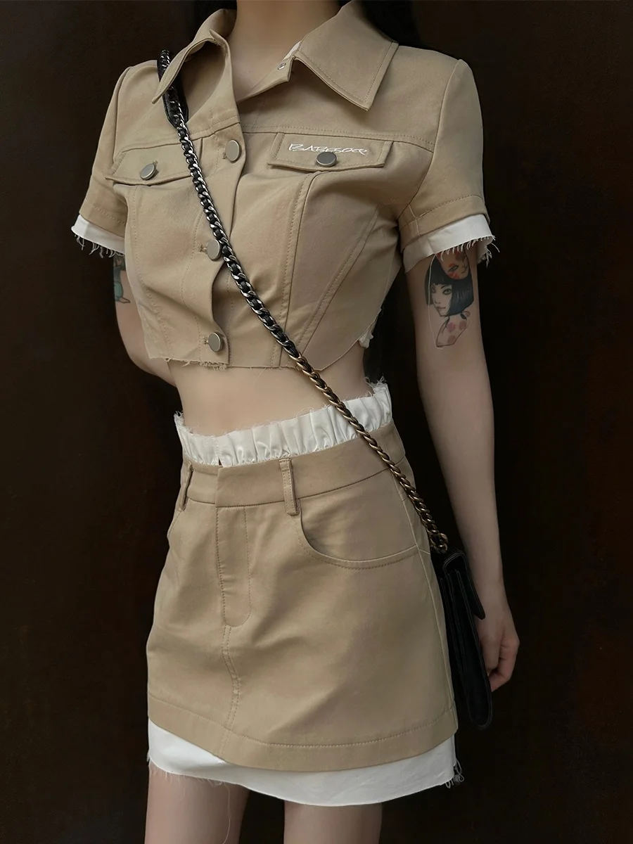 

Летний повседневный комплект BabesoQmiu из хлопка для женщин: легкий хаки, пэчворк, в стиле школьной формы