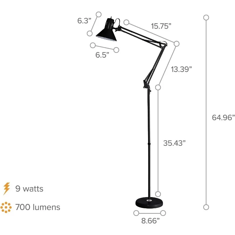 Lámpara de pie de Metal con brazo oscilante VLF100F, 72 "de alto con ajuste de múltiples juntas, incluye bombilla LED reemplazable (VLF)