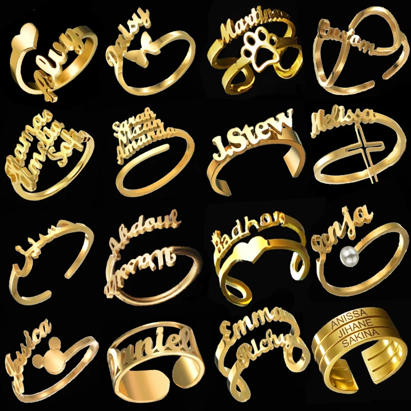 

Custom Personalized Stainless Steel Name Rings for Women Customized Gold Adjustable Heart Wedding Ring Couples Jewelry