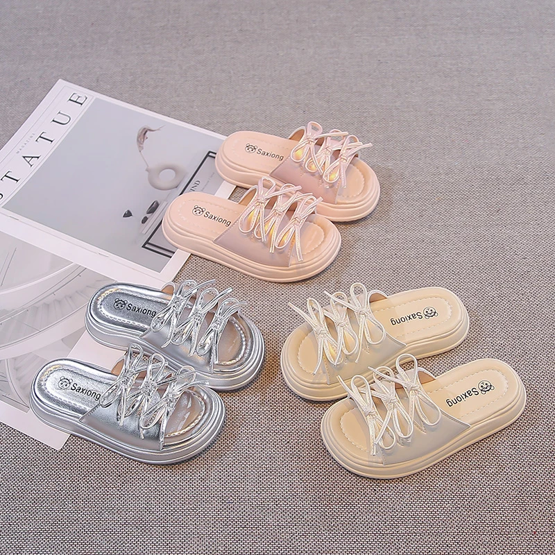 

Kids Slippers Soild Color Versatile Children Sandal Korean Style Sweet Bows 2026 Summer New Girls Casual Fashion Shoes Open Toes