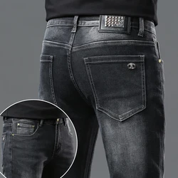 Pantalones vaqueros de alta gama para hombre, jeans rectos de negocios, elásticos, negros y grises, informales, lavados