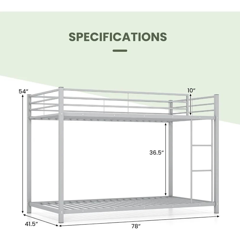 Metal Low Bunk Bed Twin Over Twin, Heavy Duty Bunk Bed Frame with Ladder & Full-Length Guardrails, Metal Slatted Floor Bed