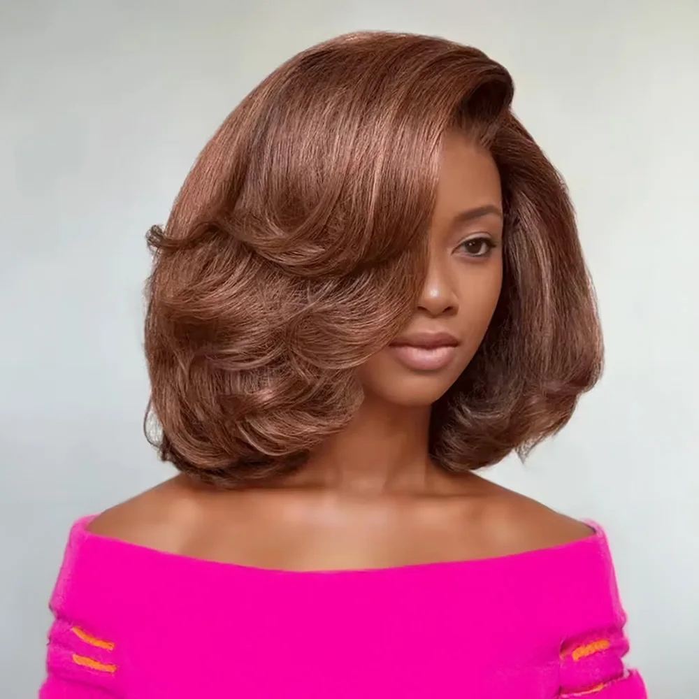 300 Density Wear Go 9x6 Glueless Wig Human Hair Chocolate Brown Colored Layered Cut Short Bob Wig Pre Cut Lace No Glue Prelucked
