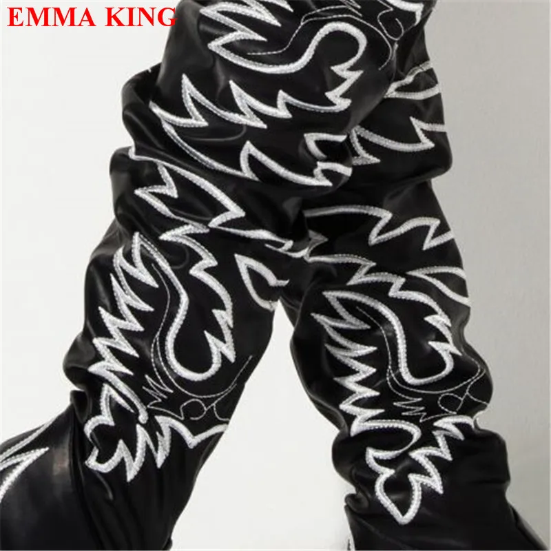 أسود أبيض Emborider كاوبوي أحذية للنساء حذاء بكعب سميك الفخذ أحذية عالية أشار تو فوق الركبة أحذية عالية الكعب امرأة