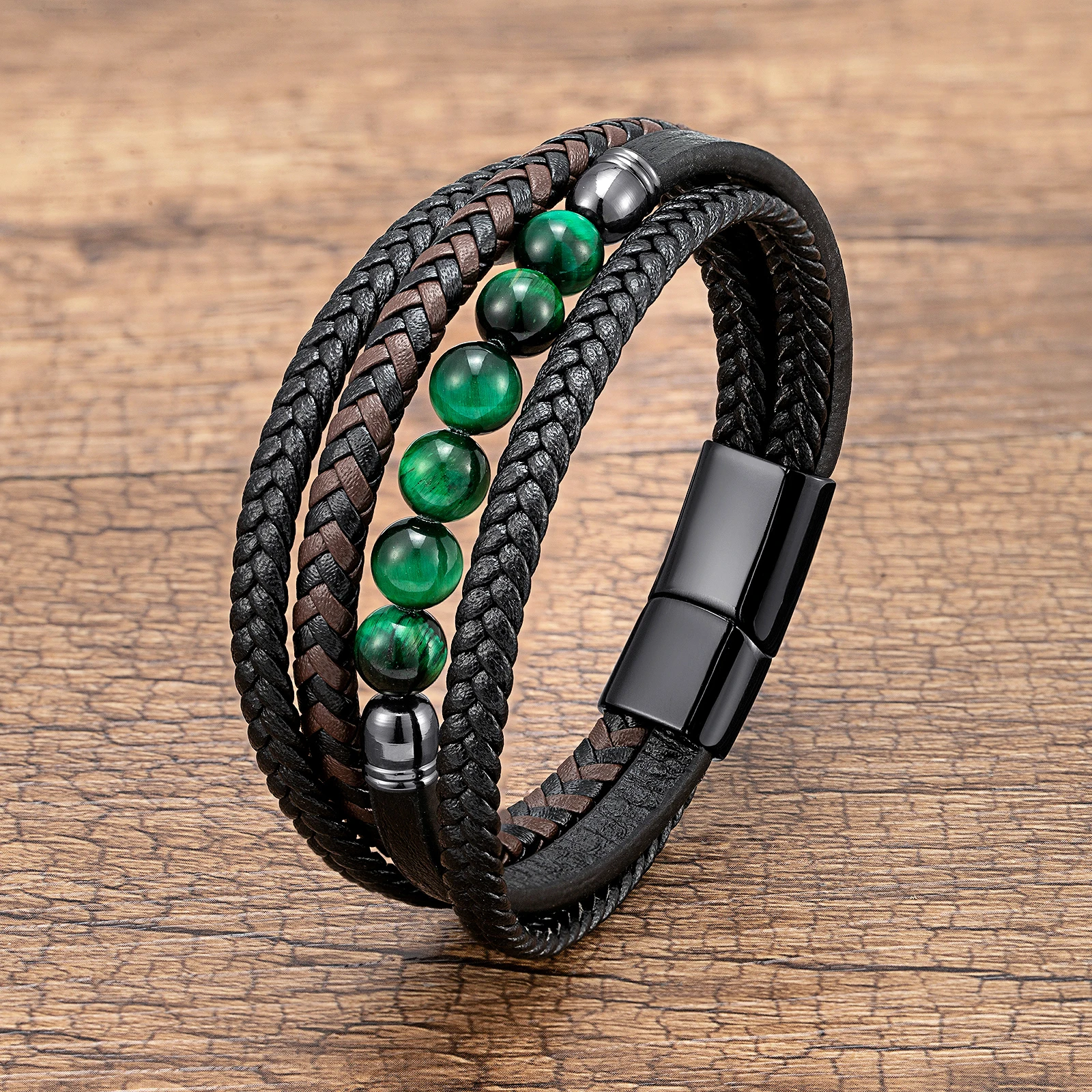 Natürliches Rundes Lavastein-Perlenarmband für Männer, Mehrschichtiges Geflochtenes Lederarmband, Modisches Tigerauge-Schmuckstück, Geschenk für den Freund – Detail 1