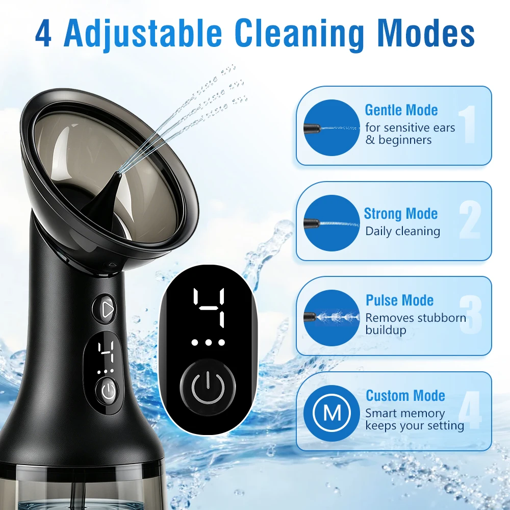 Electric Ear Cleaner 4-Mode Water Irrigator, Dual Tank Return System, LED Display, USB-C Home Ear Care