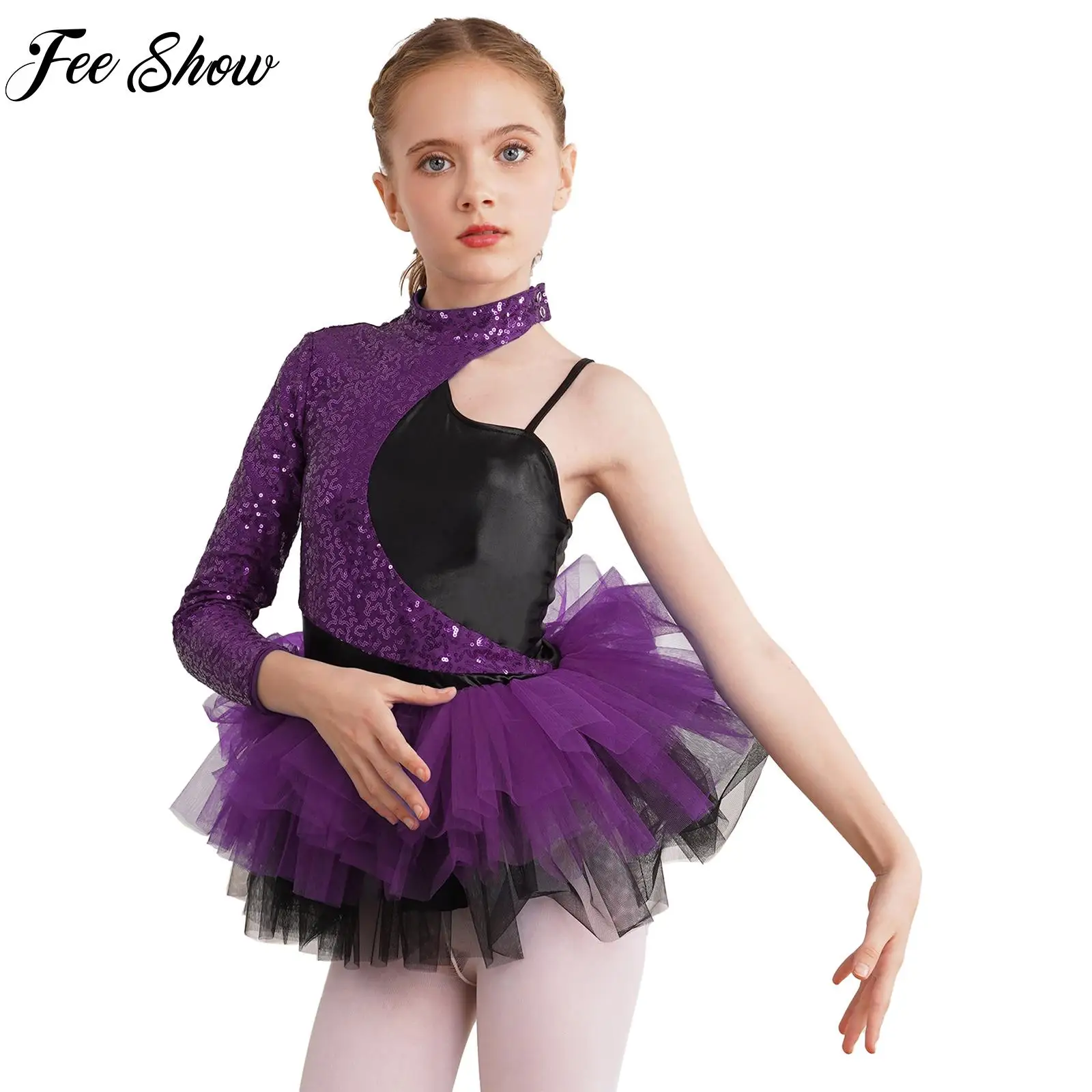 

Kids Girl Sequin Figure Skating Dress Ballet Gymnastics Dance Leotard Jazz Cha-cha Performance Costume Tulle Skirt Leotard Dres