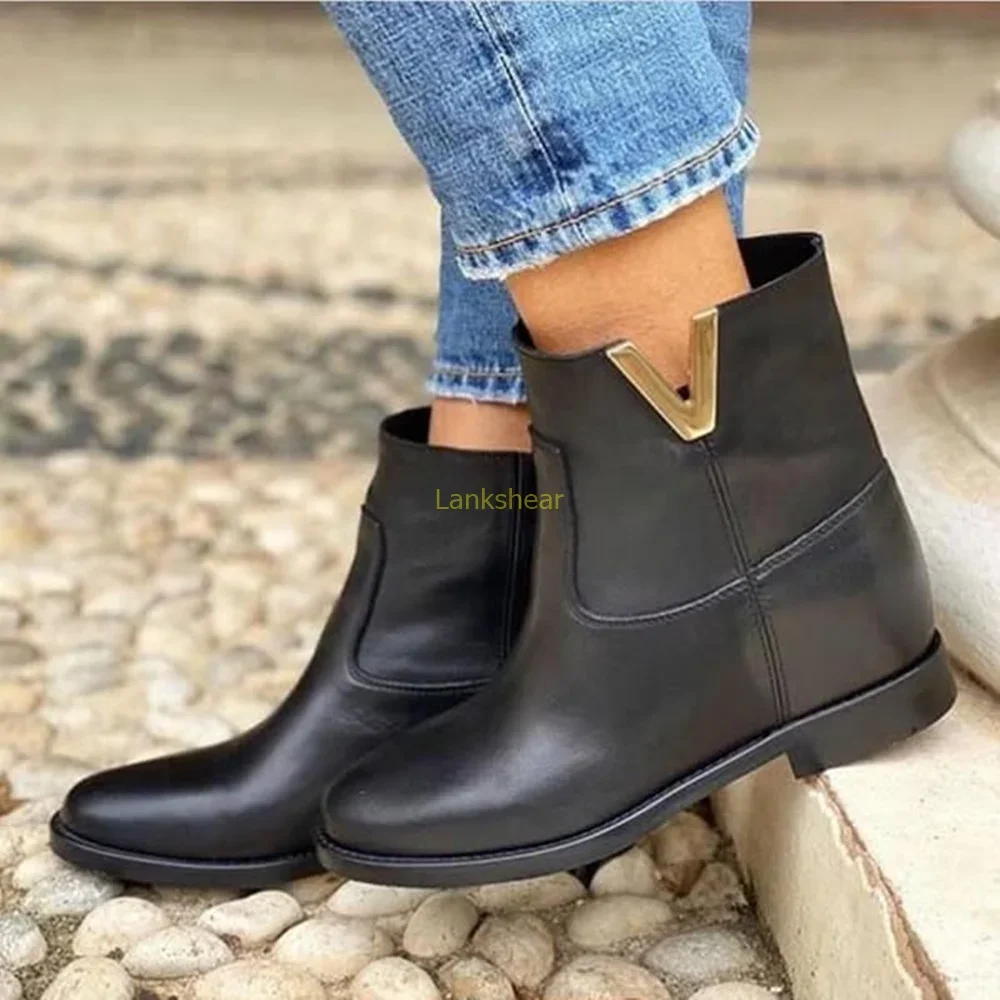 

Metal V Decoratoin Leather Slouchy Ankle Boots Sexy Round Toe Heigt Increasing New Arrivals Fashion Women Modern Boots