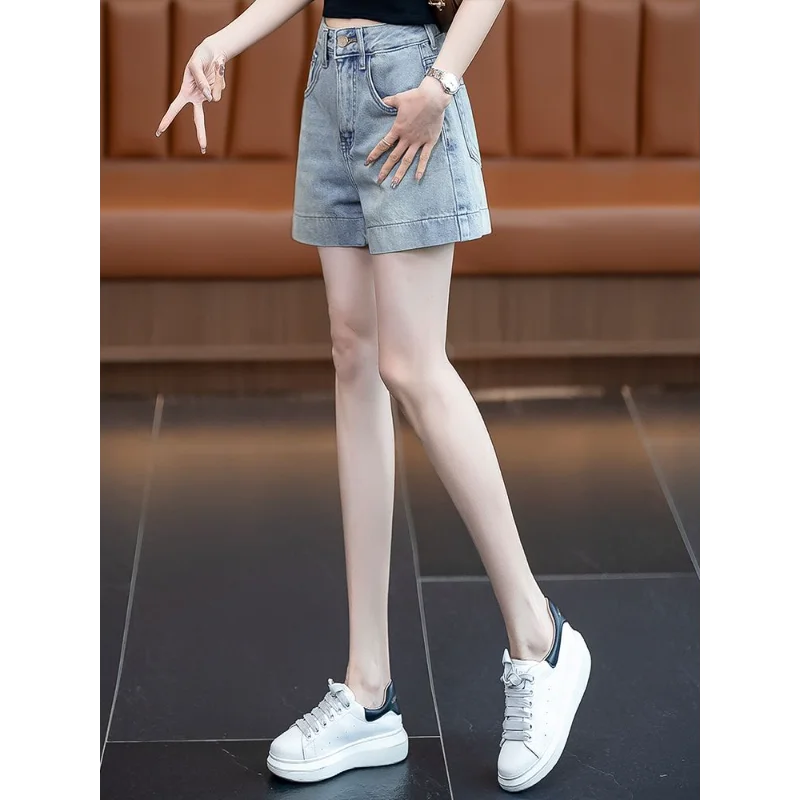 High Waist Denim Shorts for Women Thin 2025 New Style Petite Hot Girl Wide Leg Hot Pants Embroidered
