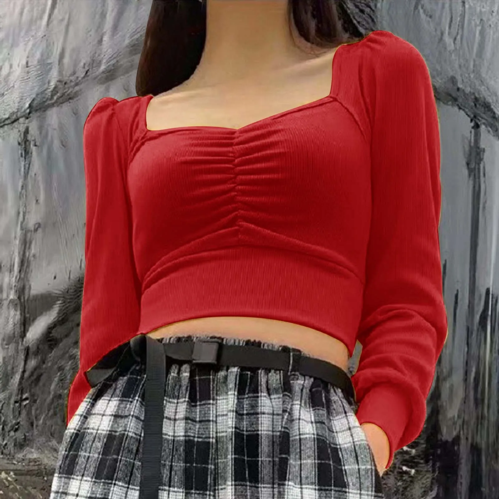 

Fall Long Sleeve Crop Tops Sweaters For Women Solid Color Square Collar Ruched Ribbed Knit Tops Female Going Out Slim Tops