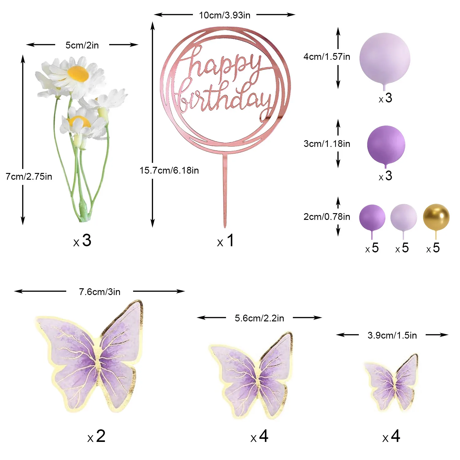Pink Purple Balls Cake Toppers Butterfly Cake Decorations Happy Birthday Cake Topper for Wedding Baby Shower Birthday Flower The
