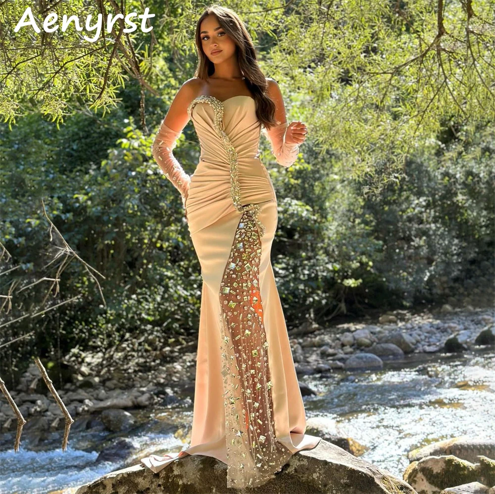 Aenyrst-Vestidos de Noche de Arabia Saudita con cristales, traje plisado de sirena con mangas desmontables, largo hasta el suelo, para baile de graduación