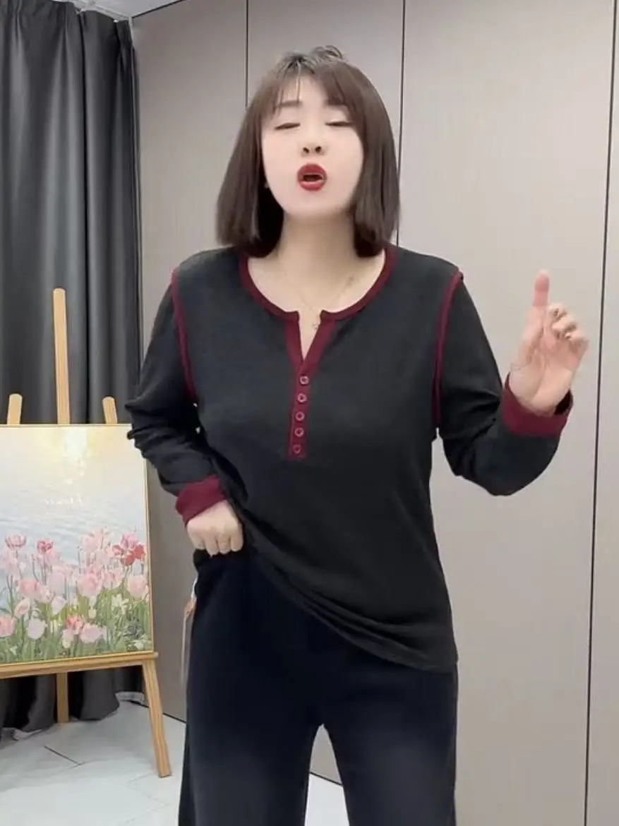 2025年新作 スレカラー ブロ ロングスリーブ レディース Tシャツ ルーズフィット 着痩せ効果 ボタンアップ オープンカラー ベースレイヤー トップス