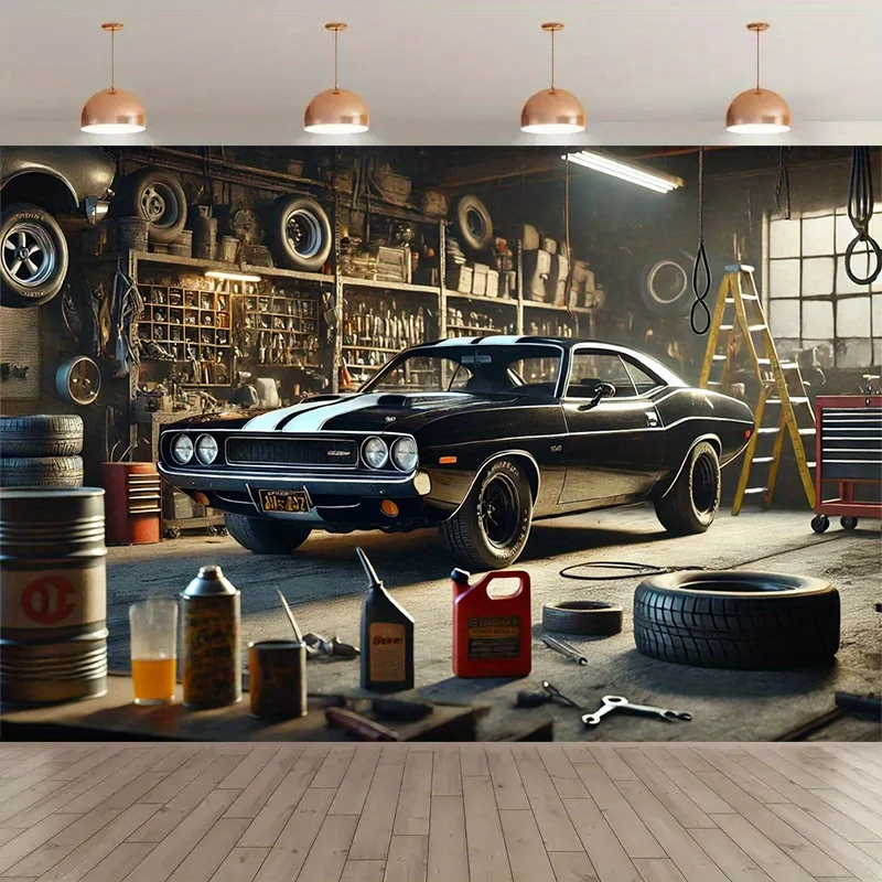 1 Vintage American Muscle Car Warehouse Polyester Fotografie Hintergrund Flagge – Festival, Geburtstag Studio Requisite