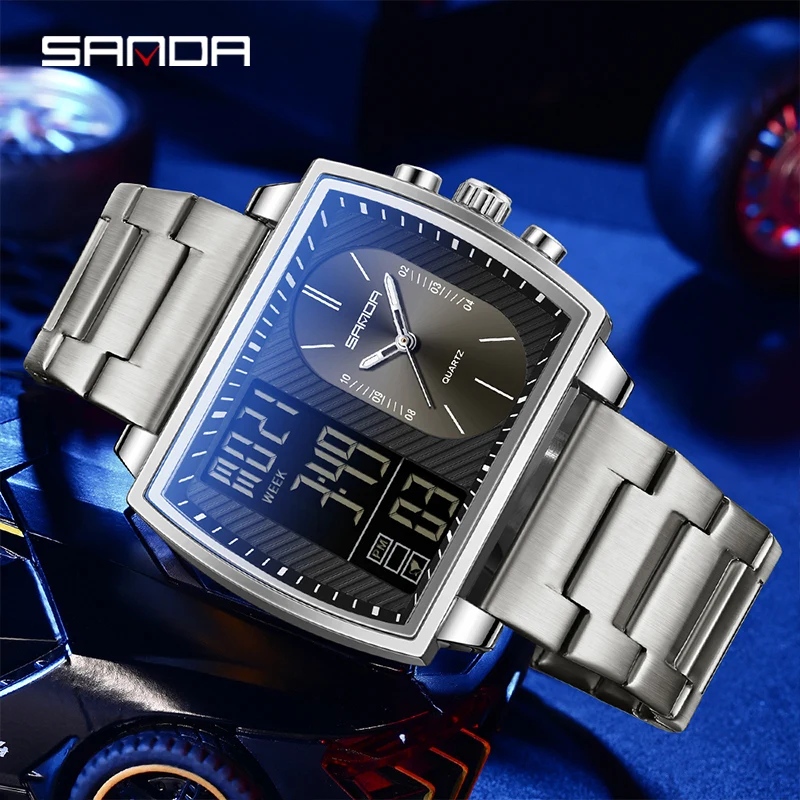 SANDA 6238 Orologio al quarzo da uomo di lusso Orologio tonneau alla moda Conto alla rovescia Sport Impermeabile Display a tre tempi Orologi da uomo digitali