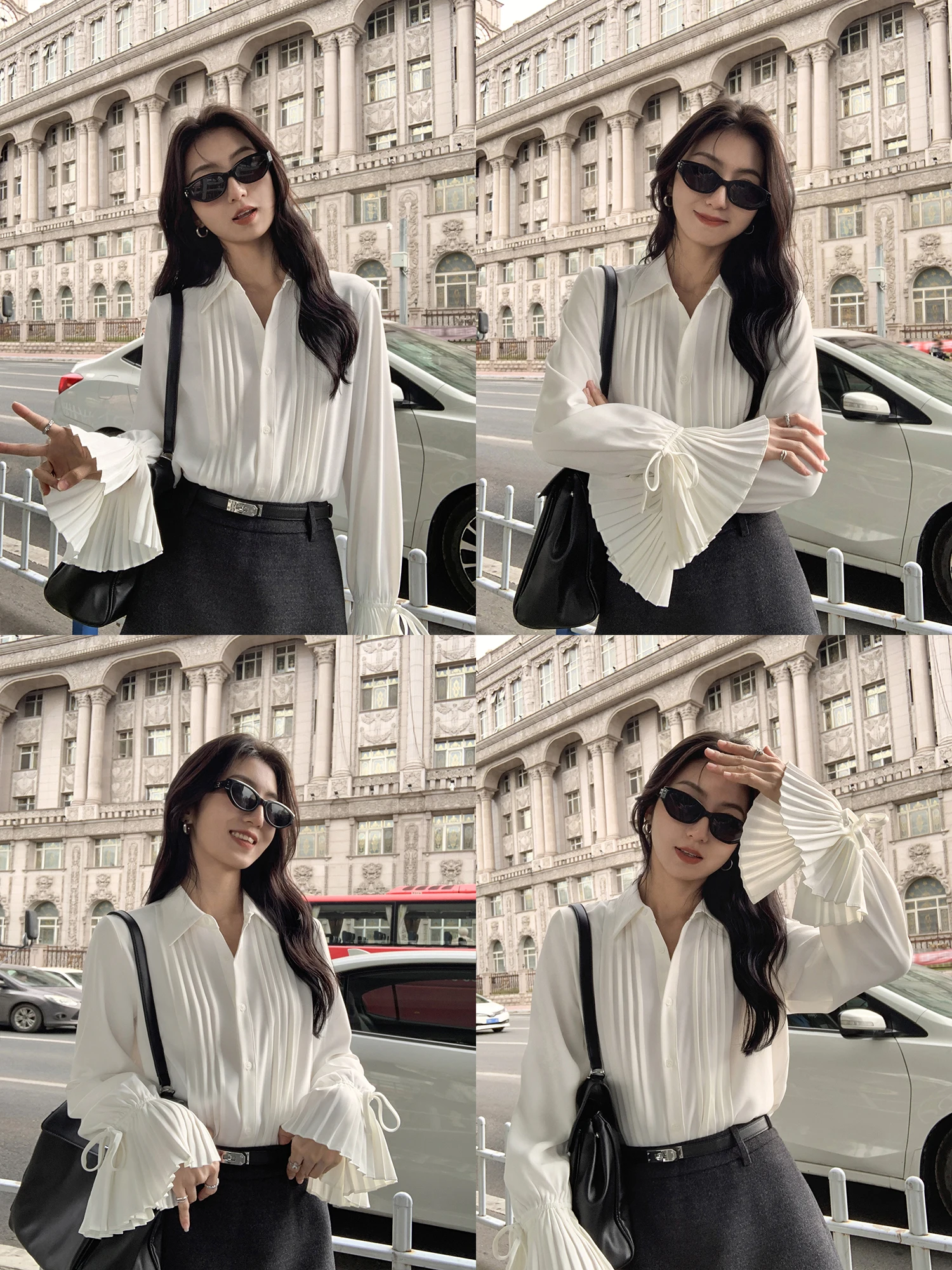 

White Slim Fit Long Sve irt for Women Ele Design Autumn New Sle Mulvan French Sle Polyester Fiber Knot