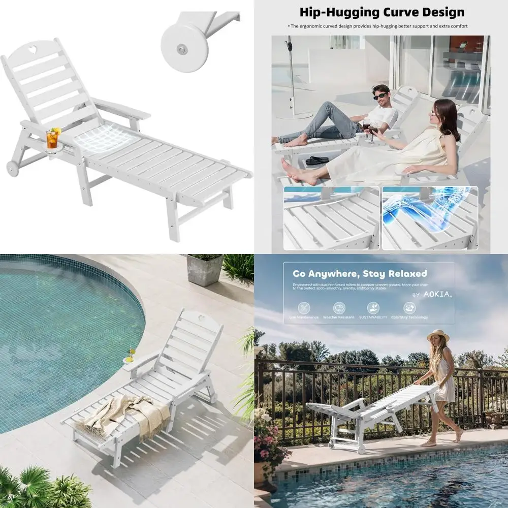 

Oversized 6-Position HDPE Outdoor Pool Lounge Chair with Wheels and Cupholder