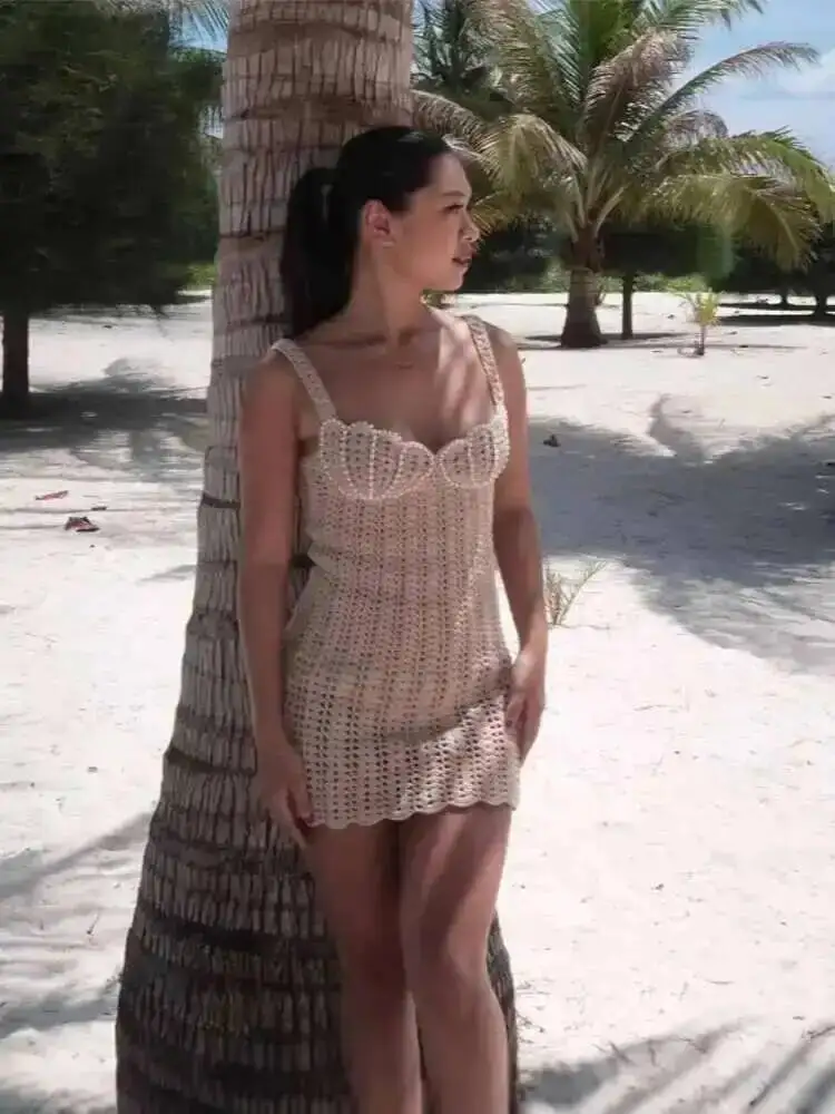 مثير الجوف خارج اللؤلؤ فستان منسوج المرأة شاطئ البحر الحمالات الكروشيه الورك حزمة قصيرة زلة فساتين عطلة الشاطئ Vestidos سيدة P4AW
