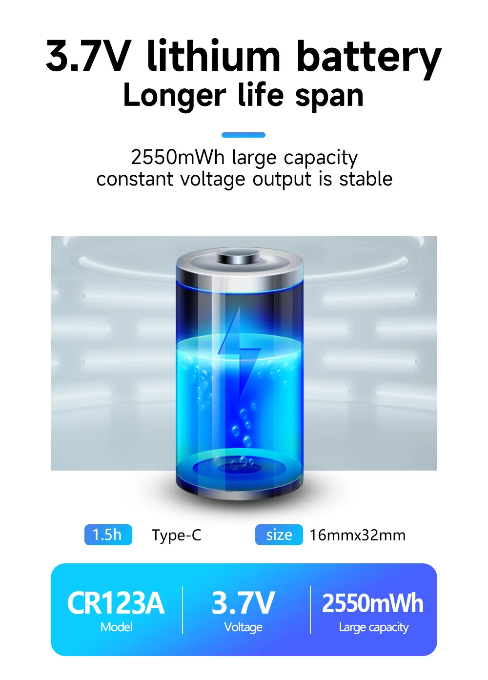 3.7V 16340 16350 Rechargeable Battery USB Rechargeable RCR123 CR123 CR123A Btteries For LED Flashlight With USB Cable