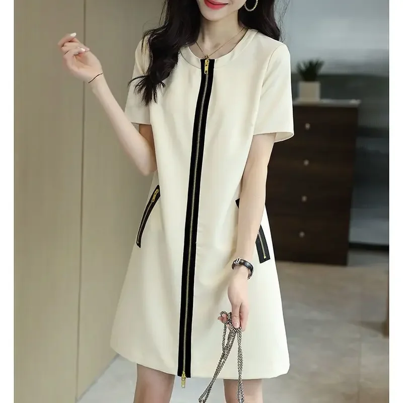 

Fashion O-Neck Spliced Pockets Loose Zipper Korean Mini Dress Women Clothing 2025 Summer New Oversized Office Lady Prom Dresses