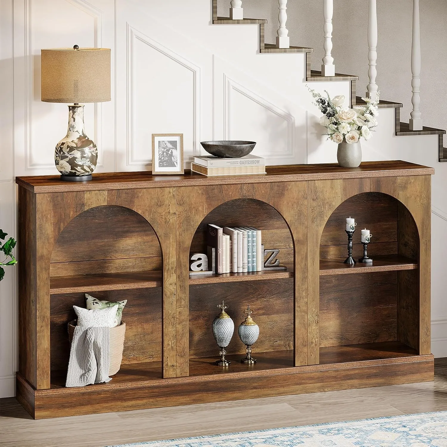 #LITTLE TREE Farmhouse Console Table 63Inch, 3 Tier Storage Wooden Rectangular Sofa Table for Entryway Hallway Living Room Brown