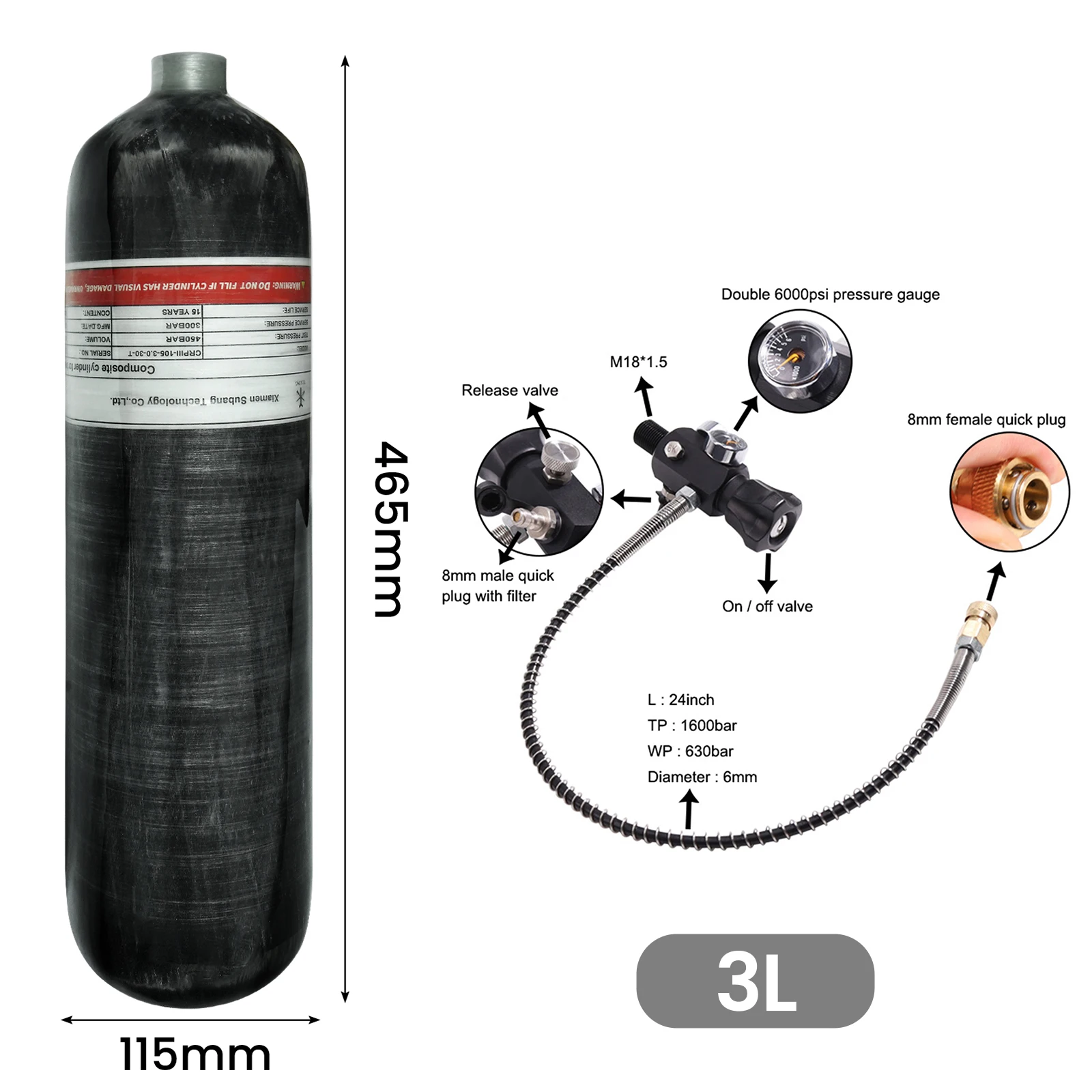 TUXING 4500Psi 3L High Pressure Tank with 6000psi Double Meter Regulating Valve Carbon Fiber Cylinder for Scuba Diving M18*1.5