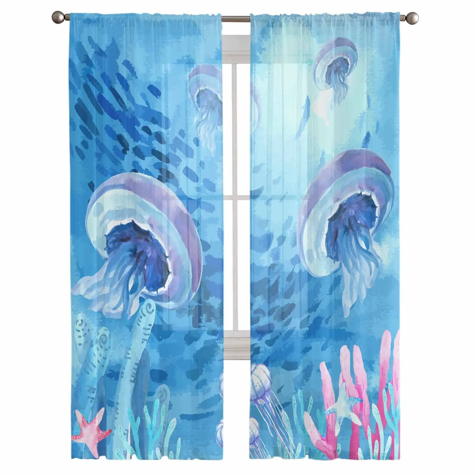 Ocean Coral Starfish Jellyfish Shoal Tulle Sheer Curtains for Living Room Home Decor Window Curtains Hotel Bedroom Voile Drapes