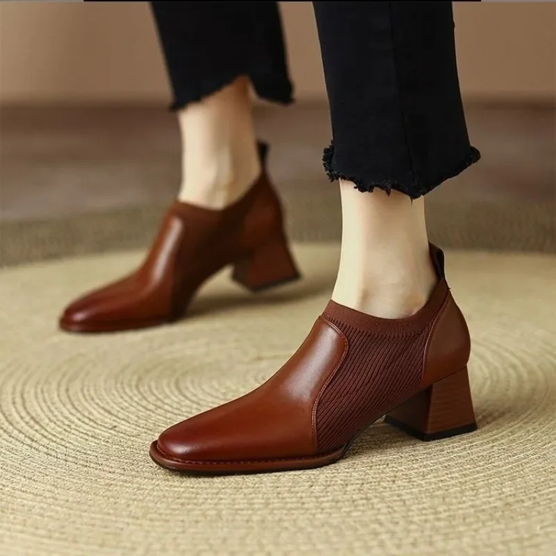 2024 New Thick Heel High Heels Women's Spring and Autumn Naked Boots Brown Knitted British Style Small Leather Shoes