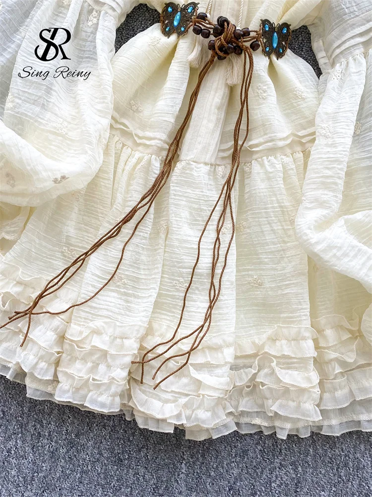 فستان SINGREINY صيفي مطرز متوسط الطول للسيدات بأكمام واسعة وكشكشة على شكل فراشة وشاحات فرنسية قابلة للطي فستان صيفي عتيق للعطلات #4