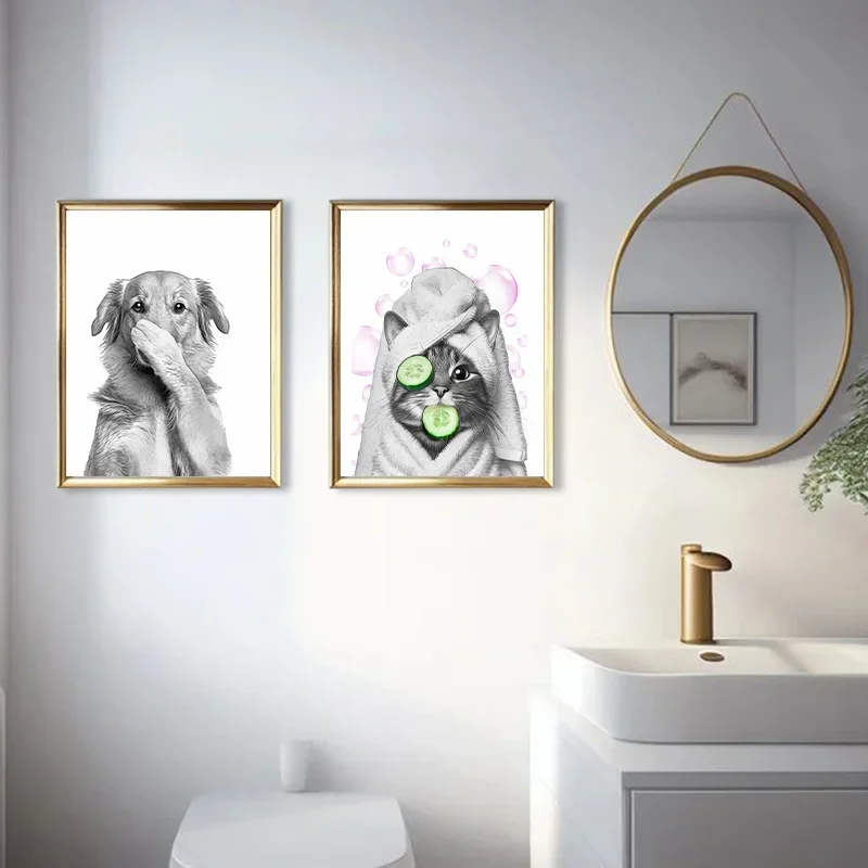 Cute Raccoon Bathroom Prints Posters Abstract Black and White Animal Decor Canvas Painting Bathroom Wall Art Picture Room Decor