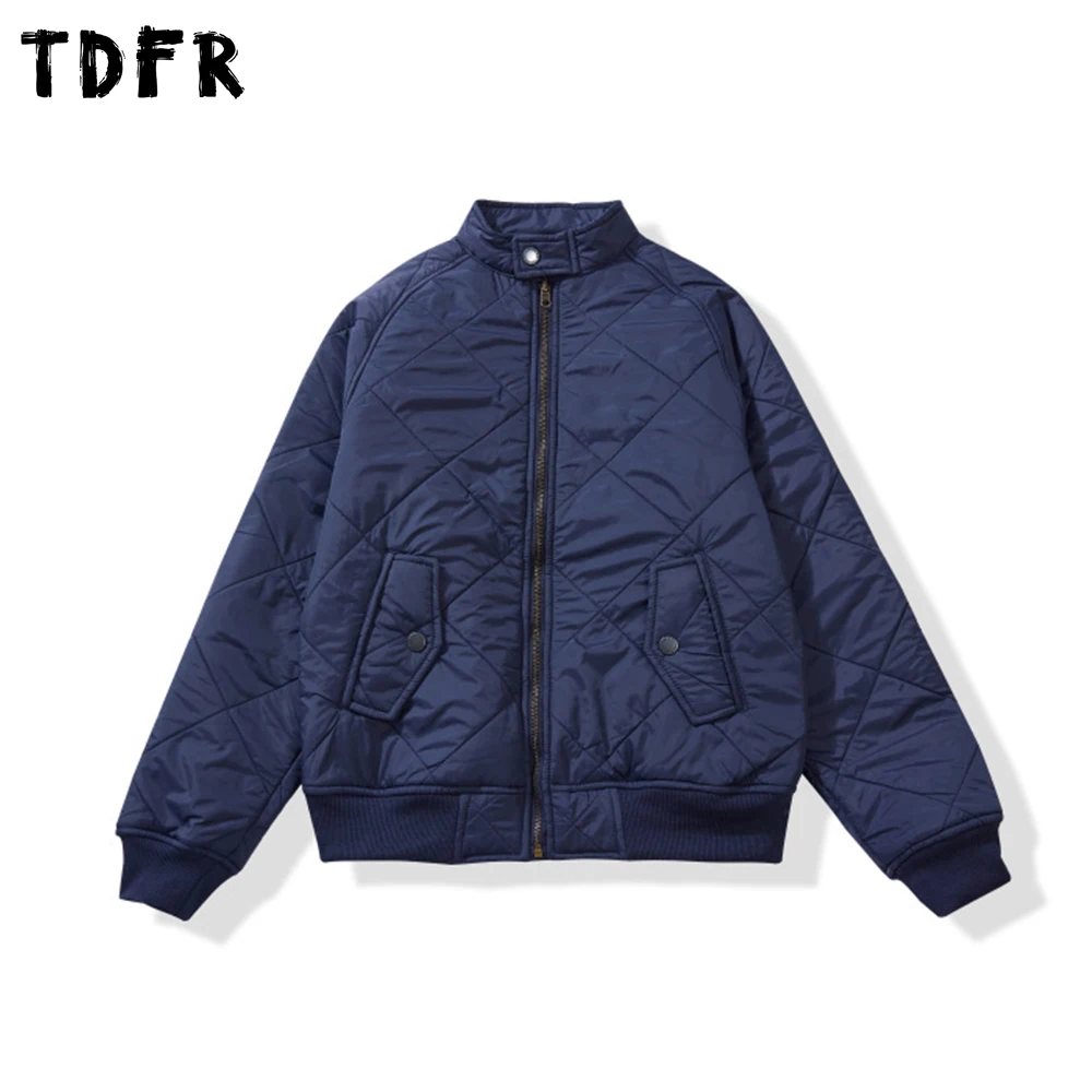 

Rhombus Plaid Quilted Jacket Mens Double-sided Printed Winter Retro Cargo Casual Stand Collar Long Sleeve Padded Jacket Man