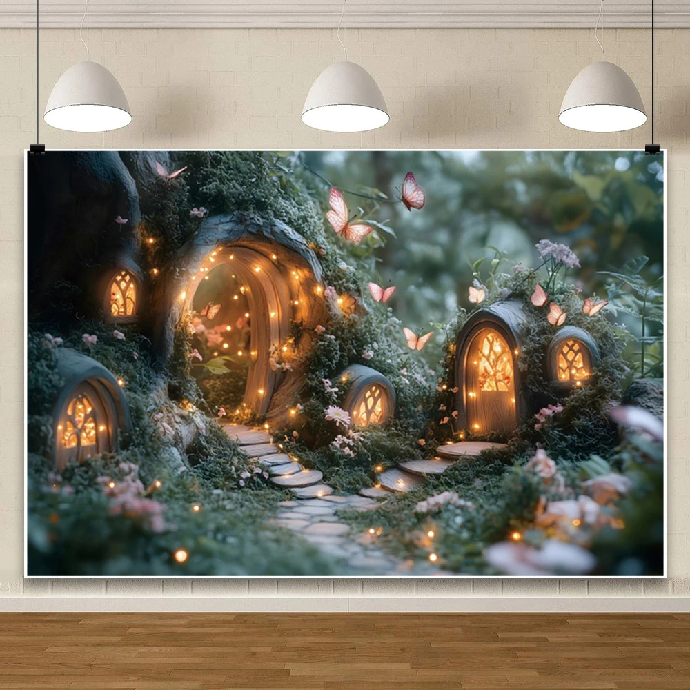 매직 가든 책장 사진 배경, 숲 녹색 용수철 풍경, 판타지 나비, 어린이 생일 초상화 배경