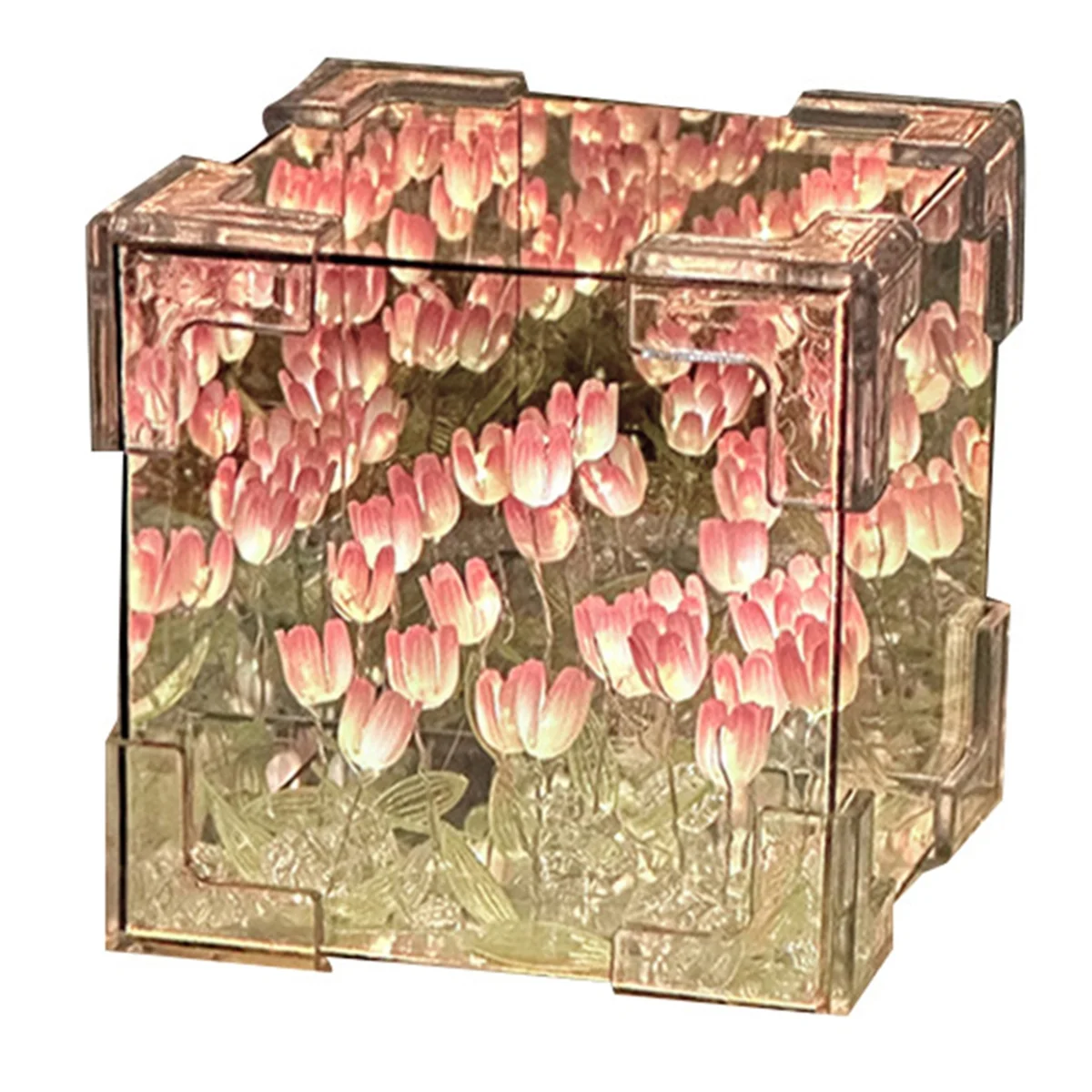 A07I DIY Tulip Mirror Cube Lamp Simulation Flower Bedroom Sleeping Table Handmade Tulip Small Night Light Gift PINK