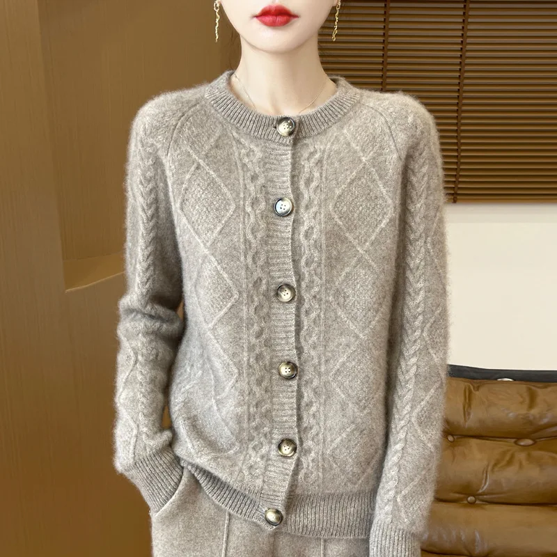 Strictly Selected Wool Cardigan round Neck Jacquard Design Sense Temperament Commute Style Ladies Seven Needles Thicken