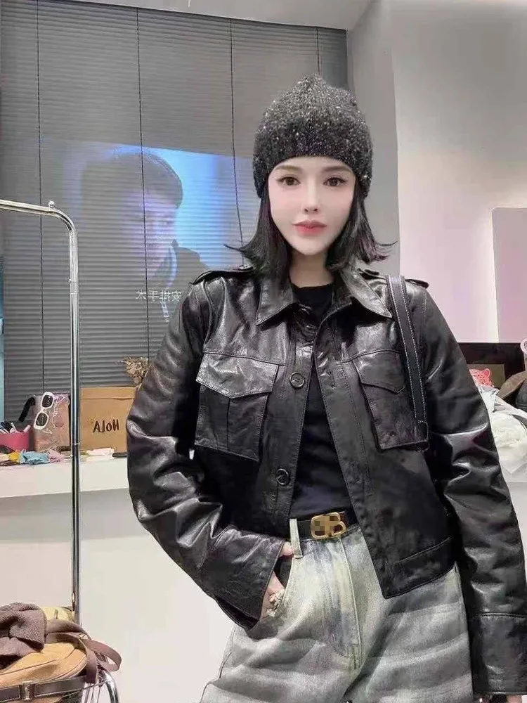 High Street Women Short Style Oil Wax Cowhide Genuine Leather Jacket Single Breasted Punk Style Outwear Motorcycle Casual Coats