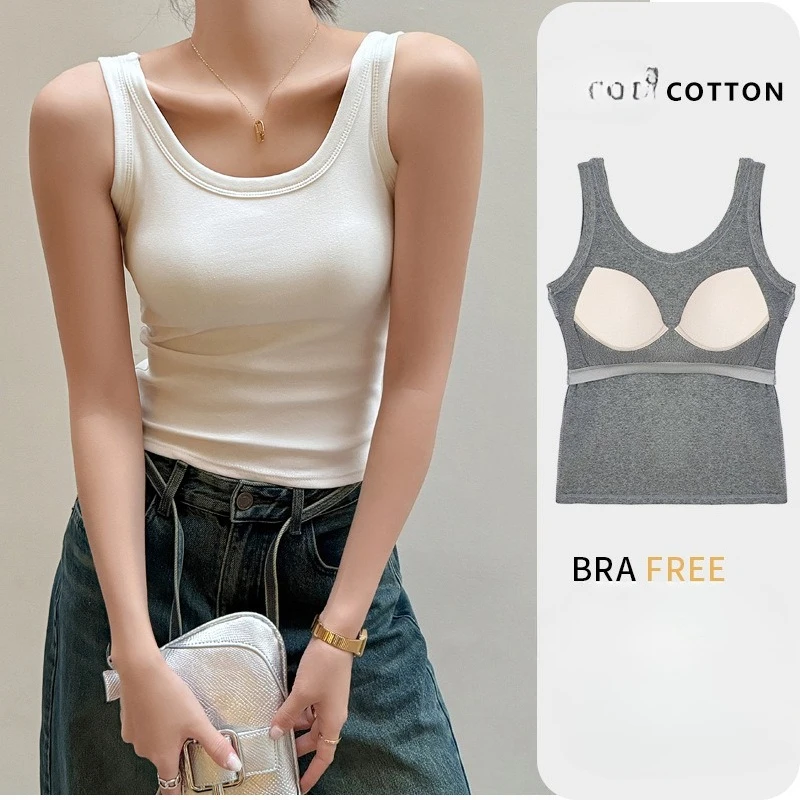 Pure cotton U-shaped beauty bottom back sling small vest inner wear with chest pad integrated outer wear knitted Spice Girl top