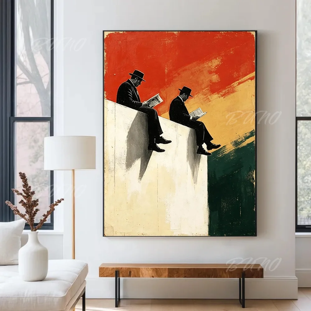 100% Hand-painted Abstract Oil Painting Original Vintage Men Reading Newspaper Wall Art For Home Living Room Bedroom Decor
