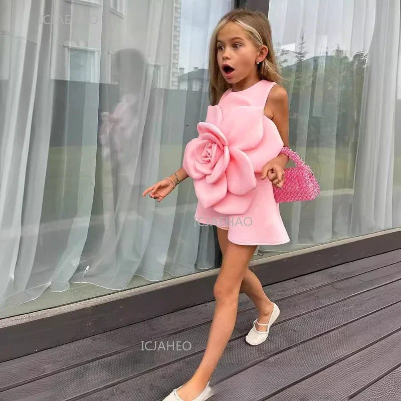 New Girls Party Dress Pink 3D Flower Sleeveless Gown Banquet Formal Evening Dresses  Kids Children Birthday Celebration New Year