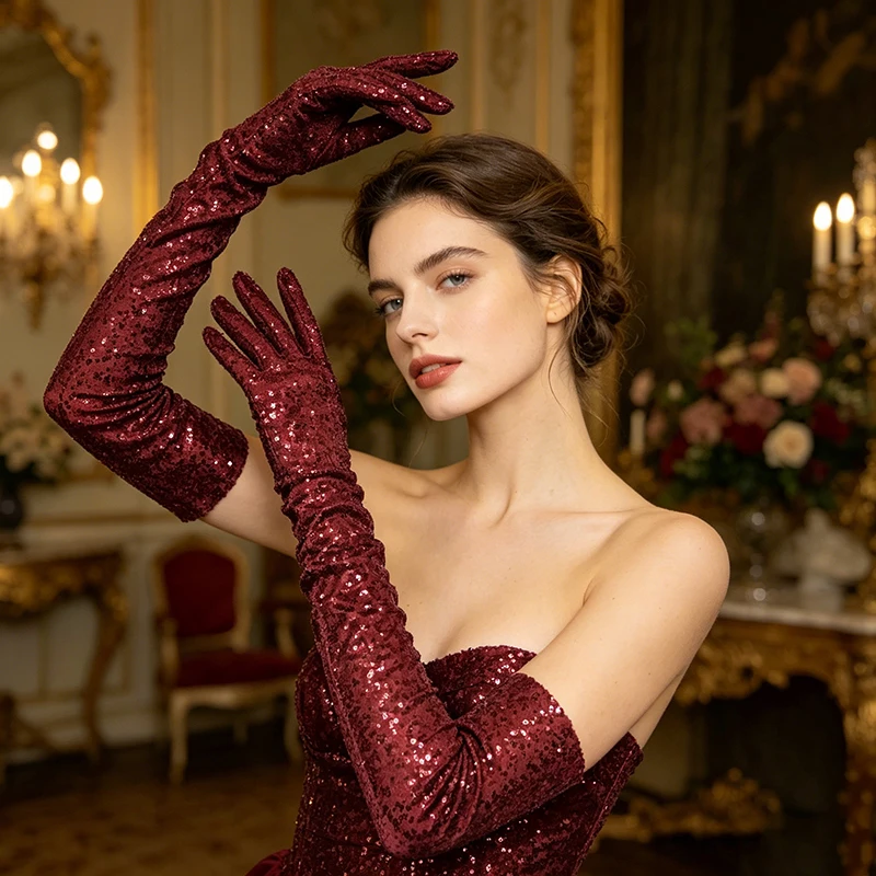 Women Red Sequin Long Gloves 60cm Opera Elbow Length Sparkly Gloves for Wedding Evening Party 1920s Retro Costume Accessories
